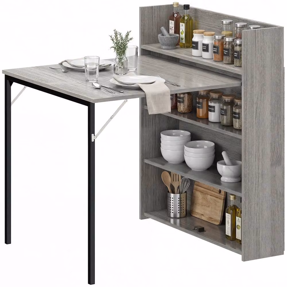 STILVORA Grey Folding Dining Table with Storage Shelves and Industrial Wood Design – 3
