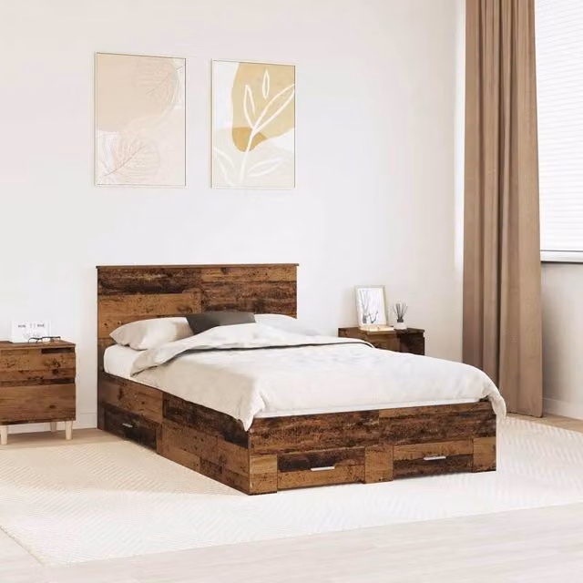 Berkfield Home Modern Bed Frame with Drawer in Old Wood Brown, W/D/H: 120 x 190 cm – 1