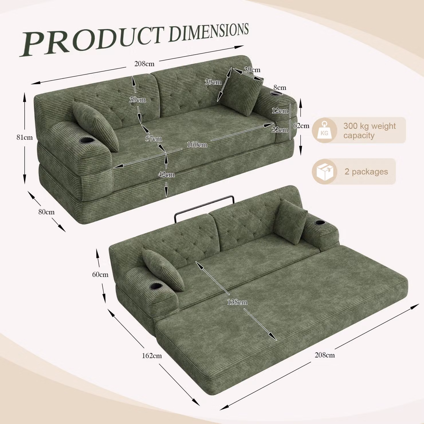 Aosom UK 3-Seater Corduroy Sleeper Sofa Bed in Green with High-Density Foam and Side Pockets, W: 208 cm, D: 80 cm, H: 81 cm – 3