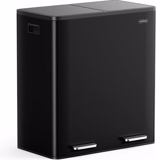VonHaus 2 Compartment Stainless Steel Pedal Recycling Bin with Soft Close and Removable Inner Buckets, Black, 60 l