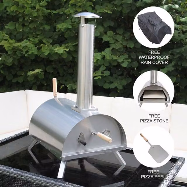 Monstershop Portable Charcoal Outdoor Table Top Pizza Oven in Silver and Black with Stainless Steel and Stone, W/D/H: 44 x 44 x 40 cm – 1