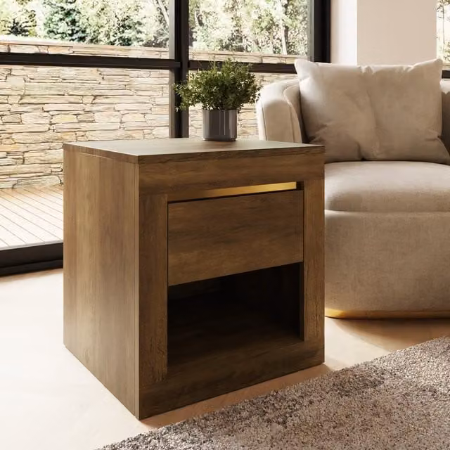 GFW Astley Modern Square Lamp Table in Knotty Oak Brown and Gold