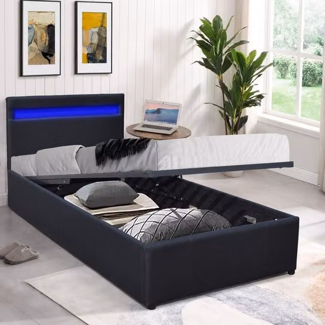 Comfy Living Modern Faux Leather Gas Lift Ottoman Bed Frame with LED Lighting, Black, W: 90 cm, D: 190 cm