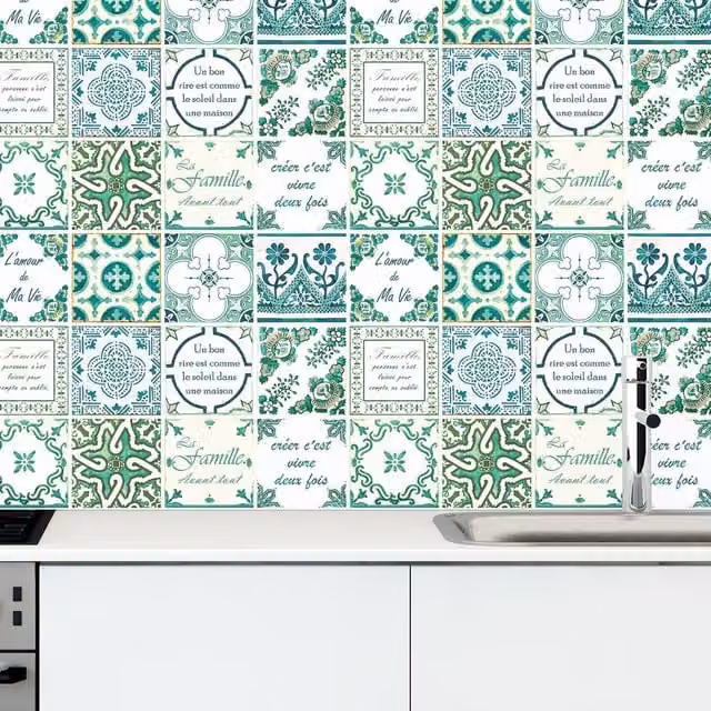 Walplus Wall Tile Stickers in Green and White, 10 x 10 cm, 24 Pack