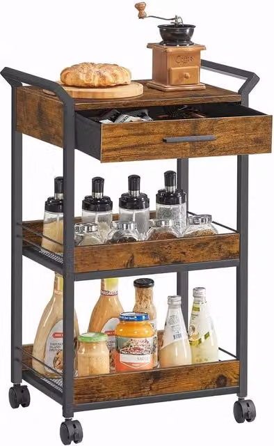 Kelvenix Brown 3-Tier Rolling Cart with Table Top