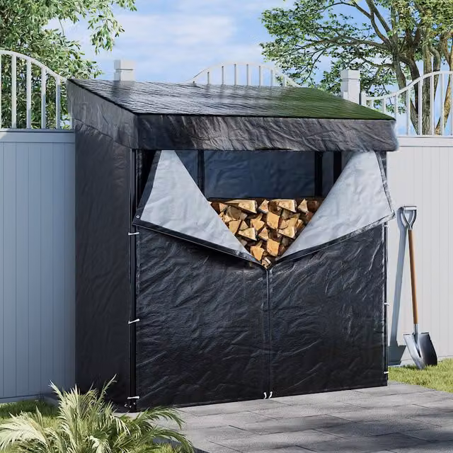 Breeins Metal Frame Firewood Rack with Cover in Grey and Black, Height: 185 cm