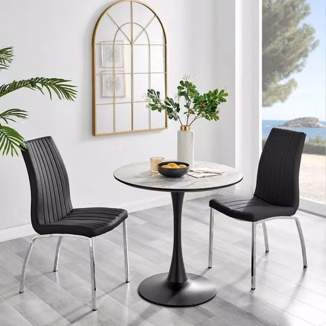 FurnitureboxUK Elina White Marble Effect Round Dining Table and 2 Isco Faux Leather Chairs in Black and White