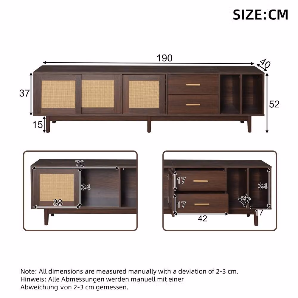 ModernLuxe Modern TV Cabinet with 2 Drawers and Rattan Sliding Doors in Dark Brown, W/D/H: 190 x 40 x 52 cm – 3