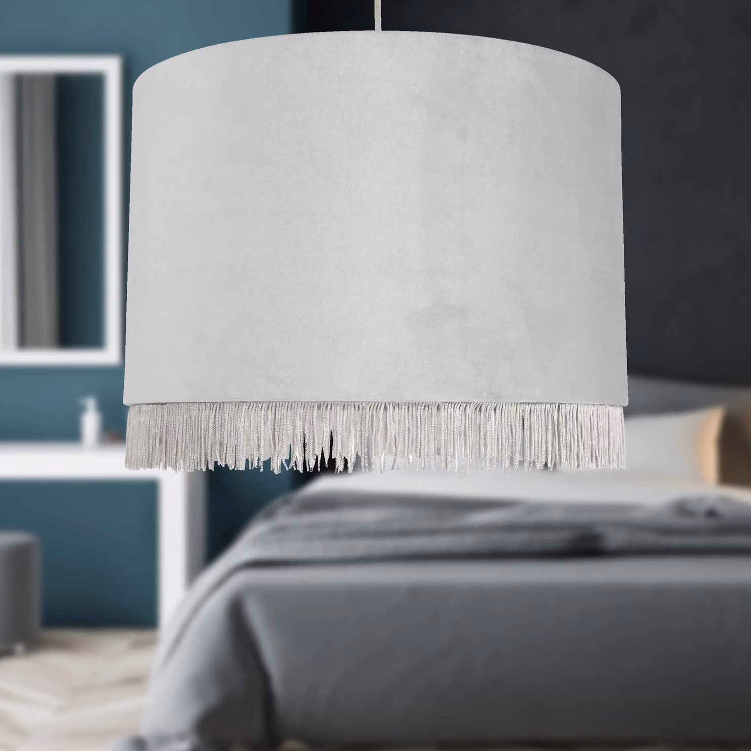 First Choice Lighting Set of 2 Silvery Grey Velvet Easy Fit Pendant Shades with Fringe Detail, Diameter: 38 cm – 2