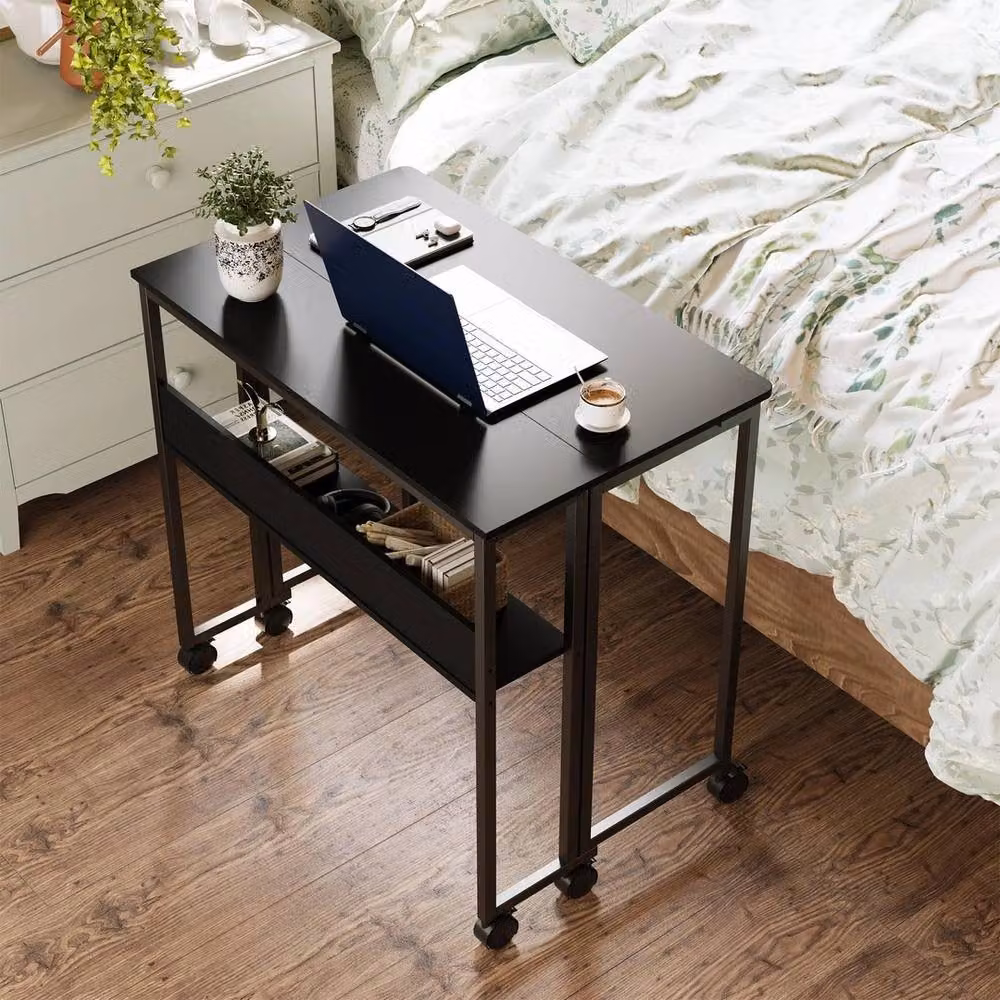 Nordara Black Folding Computer Desk with Storage Shelf and Lockable Castors – 5