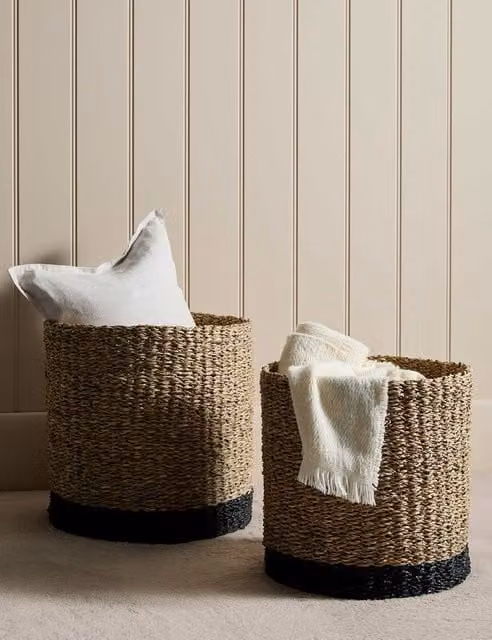 M&S Set of 2 Large Open Weave Raffia and Seagrass Baskets in Beige and Sand