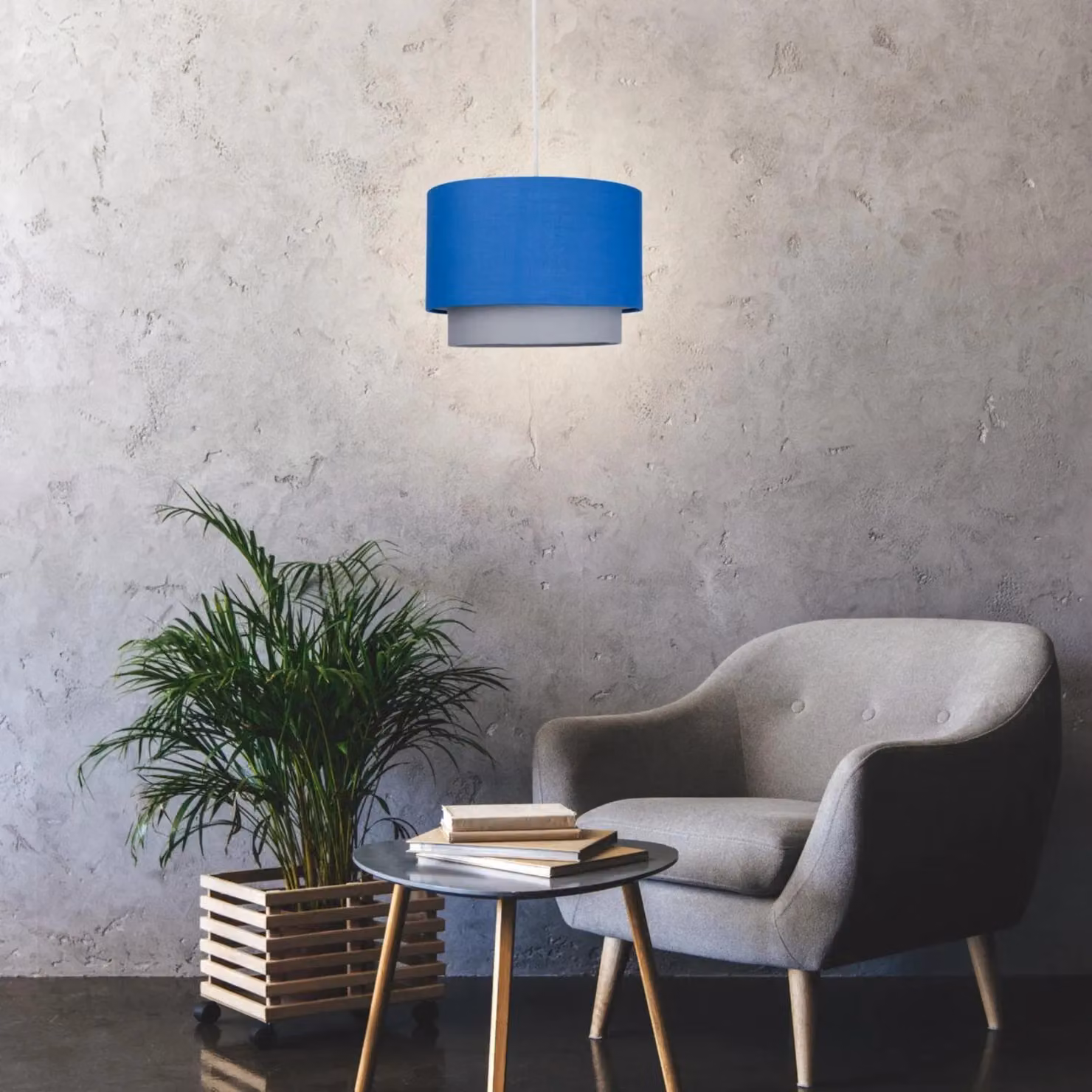 First Choice Lighting Blue and Grey 2 Tier Fabric Cylinder Light Shade – 5