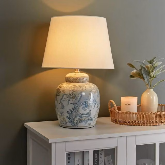 Wyld and Coco Blue and White Ceramic Table Lamp with Fabric Shade