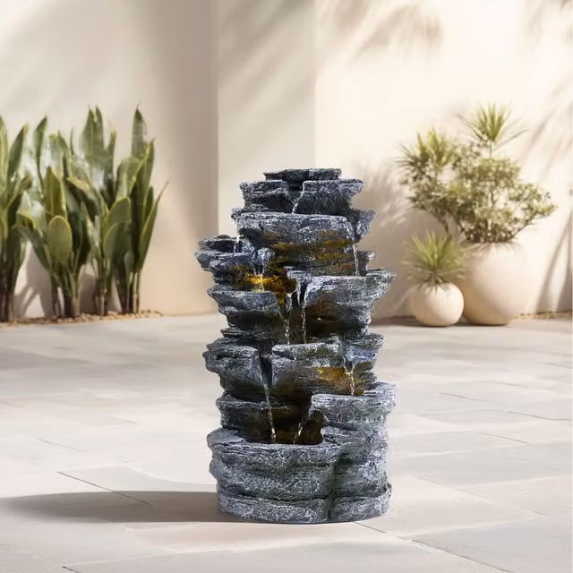 Lifeideas Solar Rockery Cascade Fountain with LED Lights in Grey, Height: 29 cm