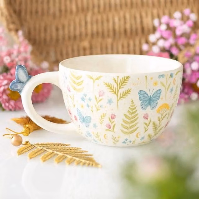 Uniqueful Luna Bloom Floral Print Ceramic Mug in Blue and Multicolour, 550ml
