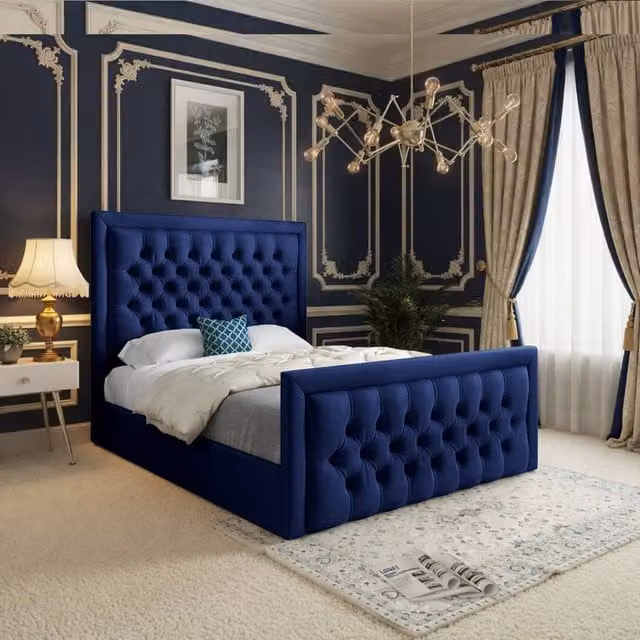 KDMD Sway Blue Velvet Upholstered Designer Bed Frame, W/D/H: 90 x 190 x 137 cm