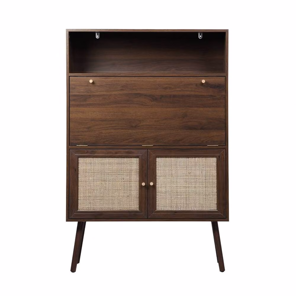 sweeek Mid-Century Secretary Desk with Rattan Detail and 2 Doors in Dark Brown, W/D/H: 138.0 x 35.6 x 90.0 cm – 3