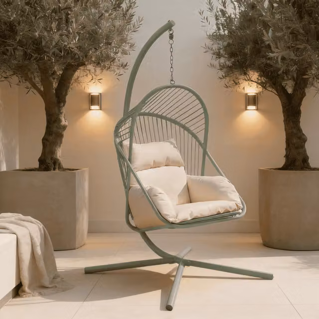Home Source Modern Green Metal Hanging Egg Chair with Cushions
