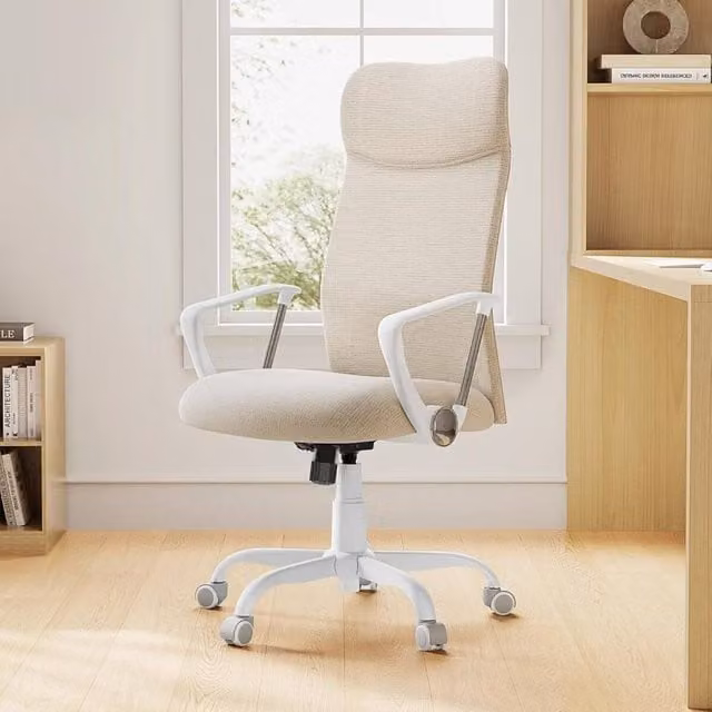 The Bazaarist Ergonomic Swivel Office Chair in Beige Fabric with Armrests