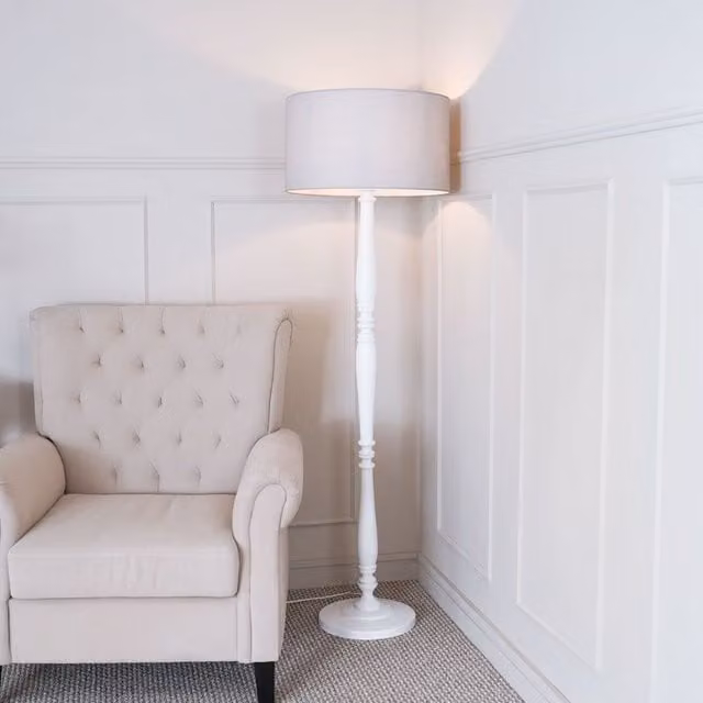 ValueLights Classic White Wood Floor Lamp with Grey Fabric Cylinder Shade – 1