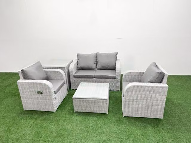 Fimous 4 Seater Grey PE Wicker Rattan Garden Furniture Set with 2 Seater Sofa, Reclining Armchair, Coffee Table and Side Table