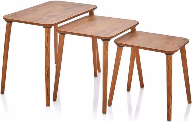 VOGREX 3-Piece Brown Wooden Nesting Coffee Table Set with Rounded Minimalist Design