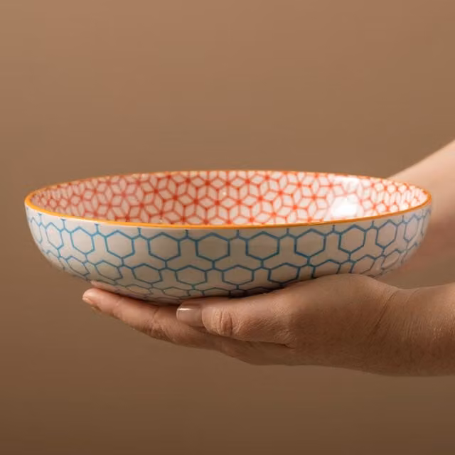 Mikasa Blue Geometric Stoneware Bowls, Set of 4, 900ml, Blue