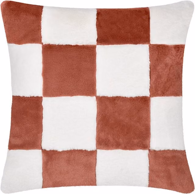 Cozeecheck Square Faux Fur Polyester Filled Cushion in Orange and White