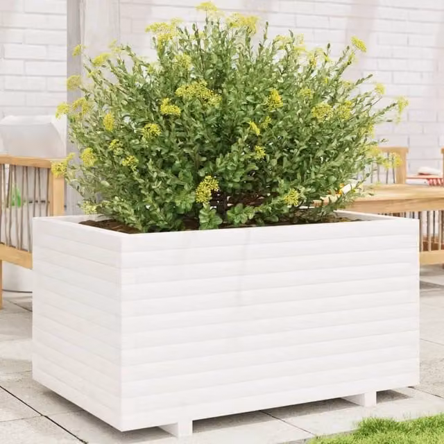 Berkfield Home White Solid Wood Pine Garden Planter W: 90 cm, D: 60 cm, H: 49.5 cm – 1