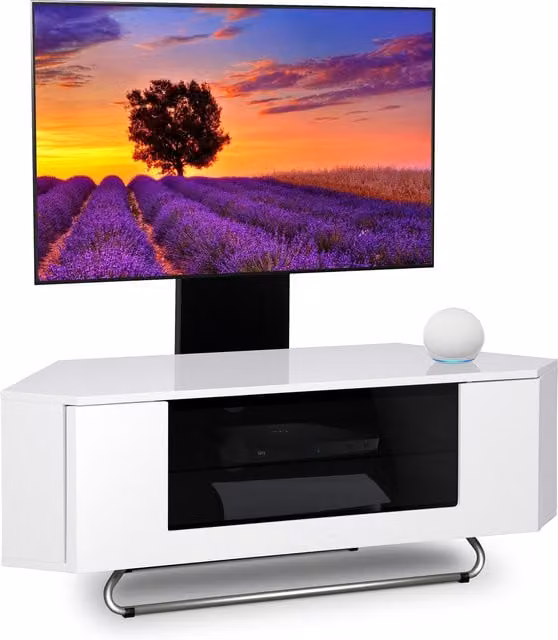 Centurion Supports Modern Glossy Corner TV Cabinet in White and Black, W/D/H: 111 x 40 x 41 cm