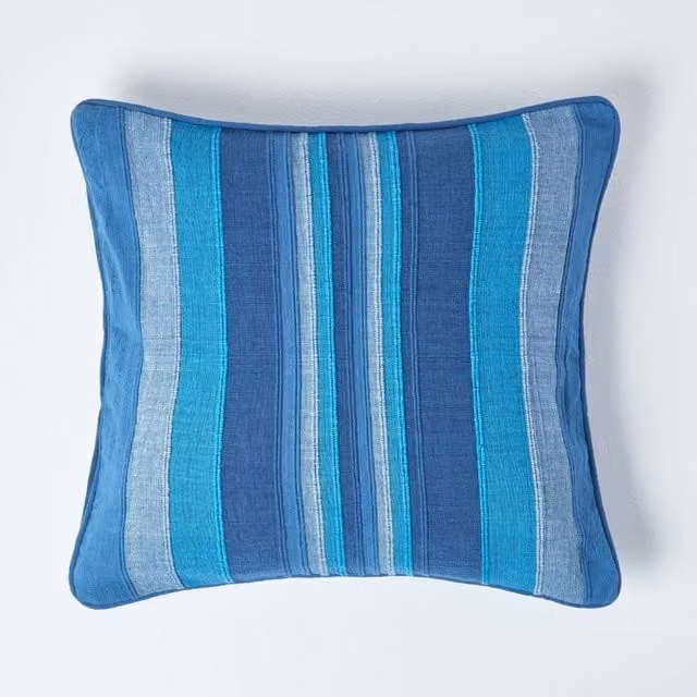 Homescapes Morocco Blue Striped Cotton Square Cushion Cover, W: 60 cm