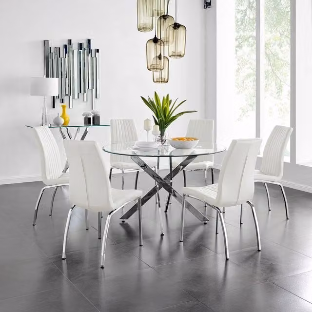 FurnitureboxUK Novara Round Glass Dining Table with 6 White Isco Chairs Set, Chrome Metal X-Frame