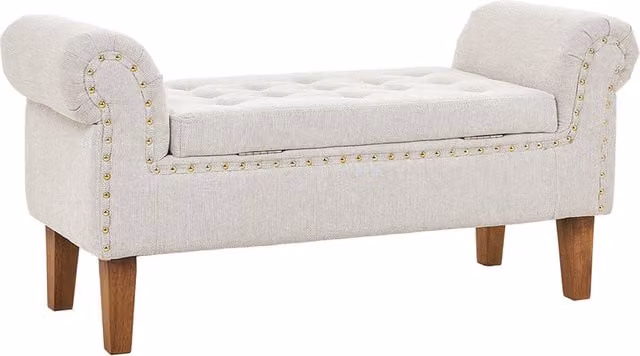 Livingandhome Linen Upholstered Storage Bench with Tufted Seat and Gold Nailhead Trim in Beige