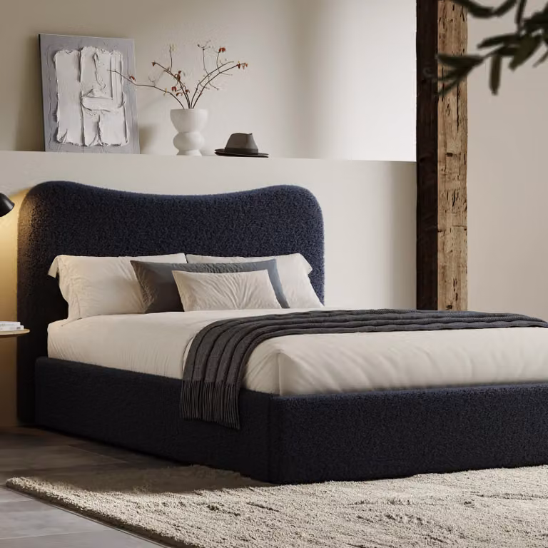 DHS Blue Bouclé Curved Headboard Ottoman Storage Bed Frame, King Size (180 x 200 cm)