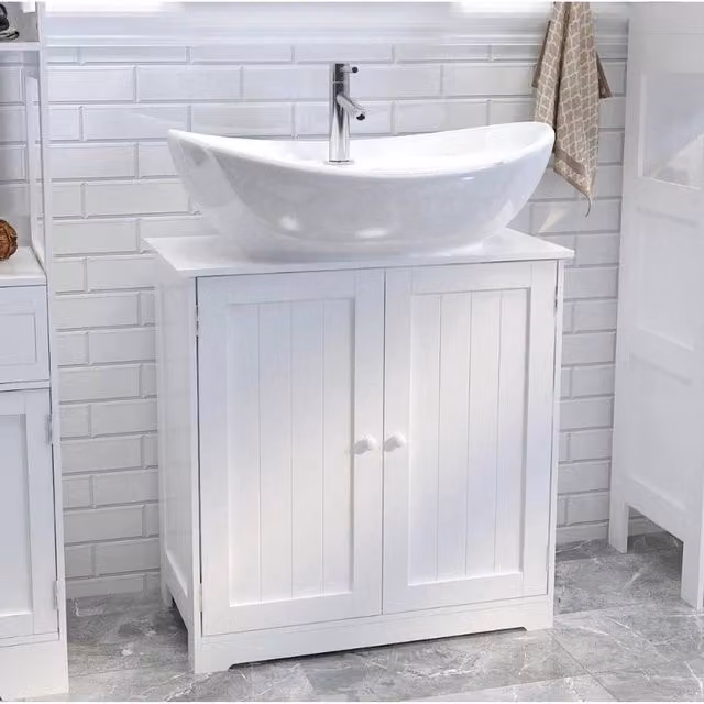 KORVIXA White Lacquered Minimalist Freestanding Bathroom Under Sink Vanity Cabinet with Hinged Doors and Internal Shelves