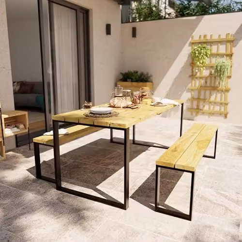 Forest Style Blakea Table and Benches Set in Brown and Beige Wood and Metal, W/D/H: 180 x 80 x 75 cm – 2
