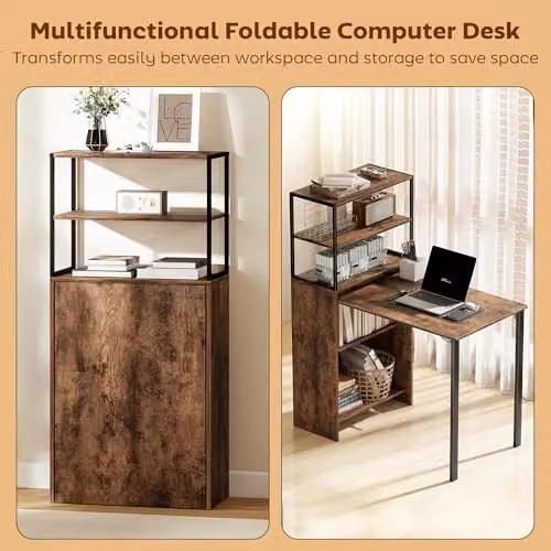 HOMCOM Folding Computer Desk with 4-Tier Bookshelf in Brown and Black, W/D/H: 127 x 60 x 105 cm – 4