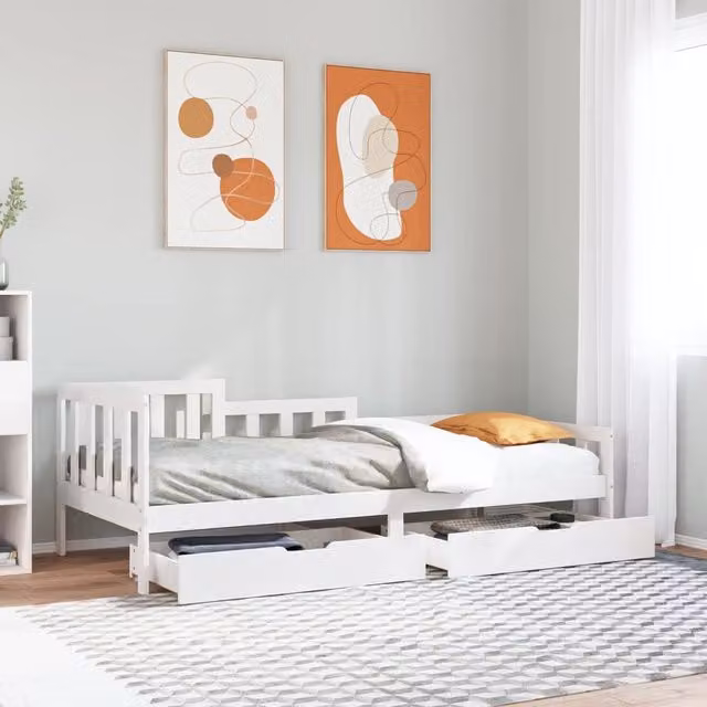 Berkfield Home Solid Wood Daybed with Drawers in White, W/D/H: 200 x 90 x 90 cm