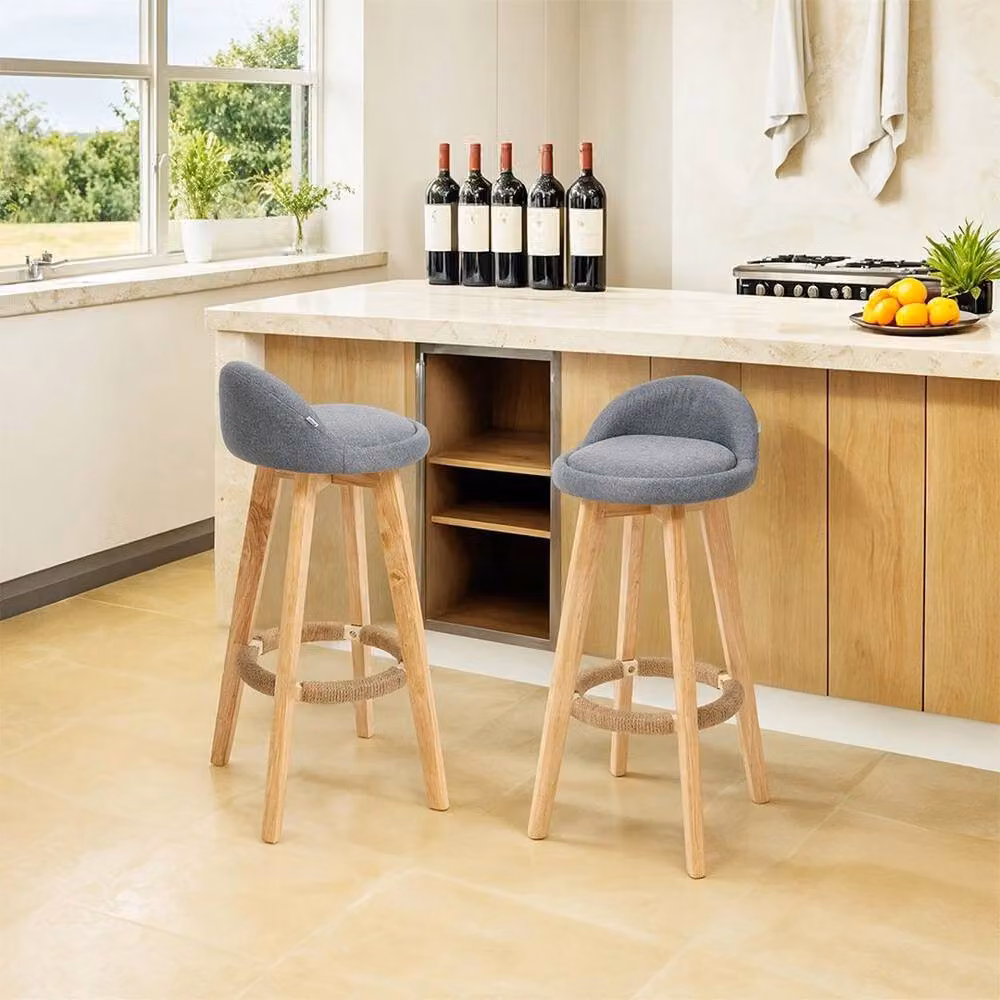 EONLION Set of 2 Grey Fabric and Rubberwood Bar Stools, Height: 100 cm – 3