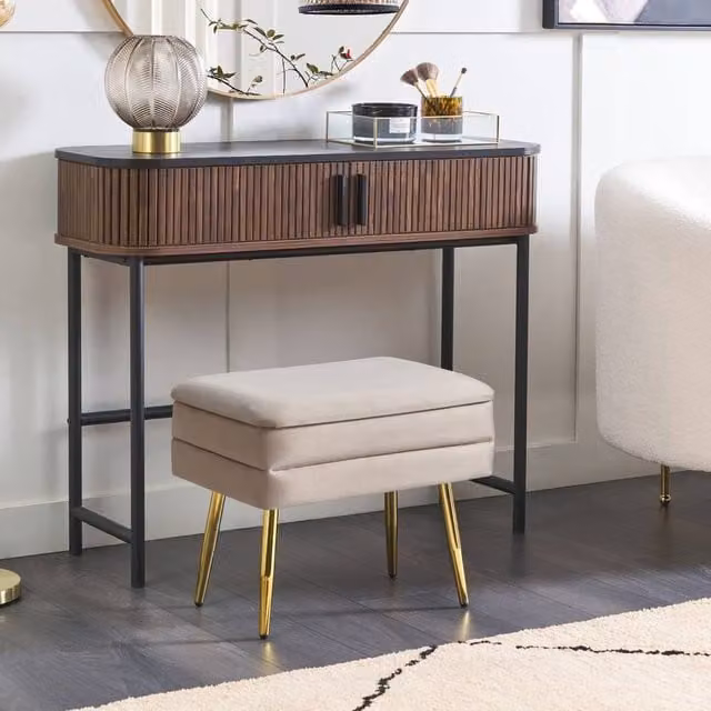 Wyld and Coco Light Beige Velvet Storage Bench with Gold Tone Metal Legs – 1
