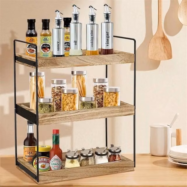 Nordara 3 Tier Brown Wood Kitchen Counter Coffee and Condiment Storage Shelf