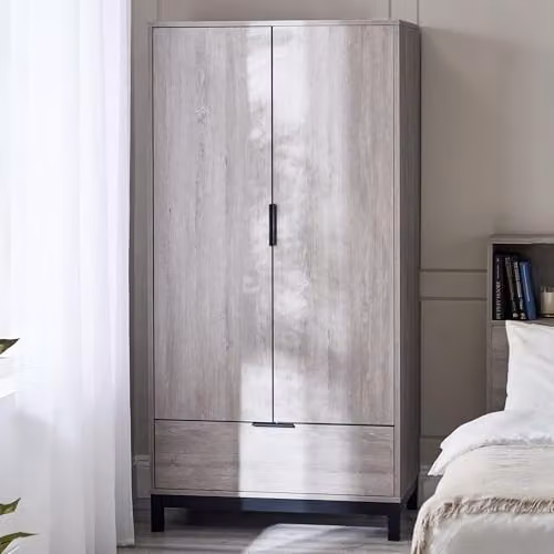 Julian Bowen Bali 2 Door 1 Drawer Wardrobe in Grey and Black, H 185 x W 92 x D 55 cm