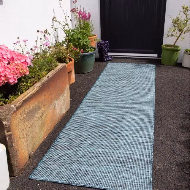 The Rug House Petrol Blue Flat Weave Indoor Outdoor Area Rug, W: 240 cm, D: 68 cm