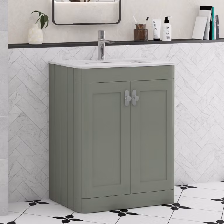 Royal Bathrooms Henley 600mm Sage Green Floor Standing 2 Door Vanity Unit with Carrara White Stone Top and Chrome Knob