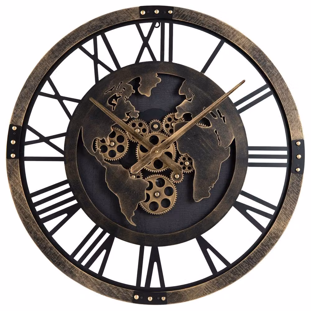 Gymax Vintage World Map Decorative Gear Wall Clock in Brown, Diameter: 68 cm – 9