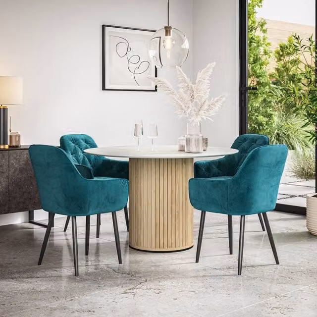 More4Homes Arlo White Marble Top Round Dining Table with Oak Legs and Anika Petrol Teal Velvet Dining Chairs Set of 4, W/D/H: 120 x 120 x 75 cm