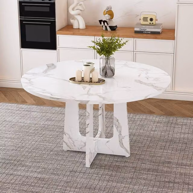 Matteo Round Farmhouse Dining Table for 4 in White Glossy MDF, Diameter: 120 cm – 1
