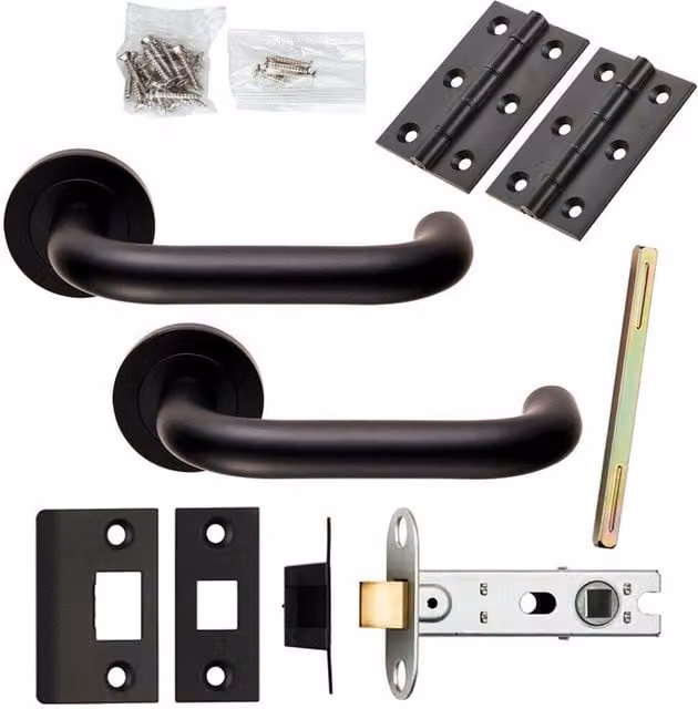 Loops Matt Black Curved Safety Lever Door Handle and Latch Pack with Round Rose – 1