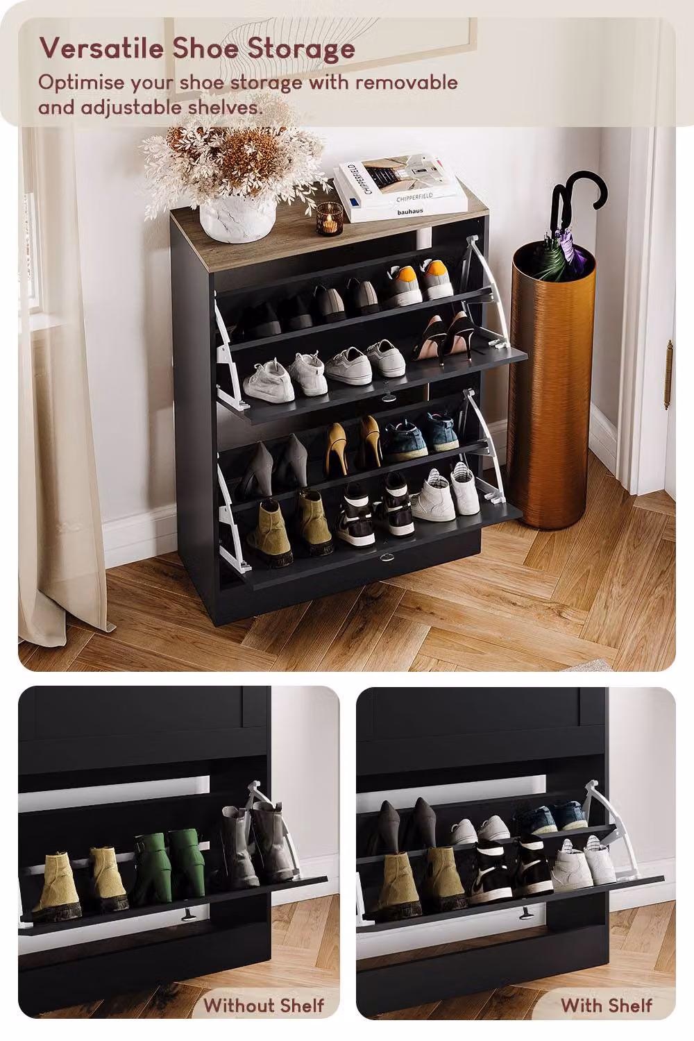 Vida Designs Modern Black 2 Drawer Shoe Cabinet with Tilting Compartments – 3