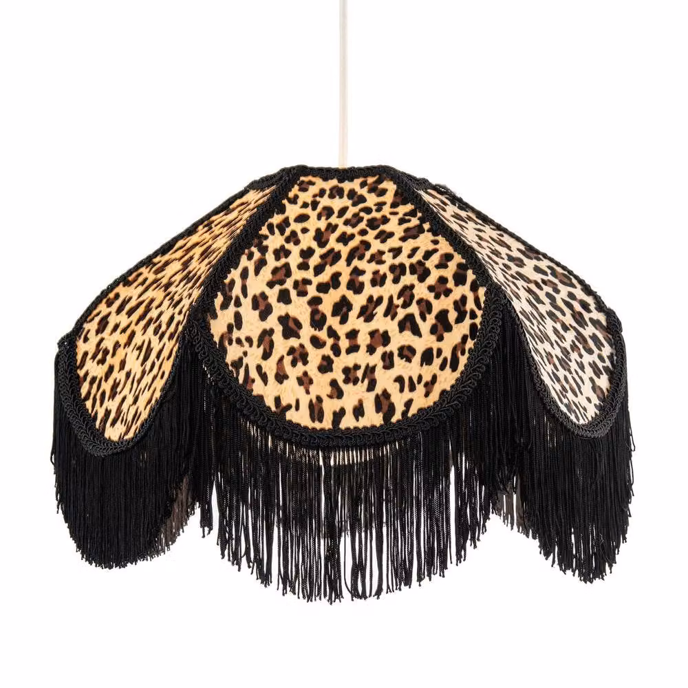 Happy Homewares Leopard Print Velvet Victorian Lamp Shade in Multicolour and Black with Tassels and Trims, Diameter: 36 cm – 2